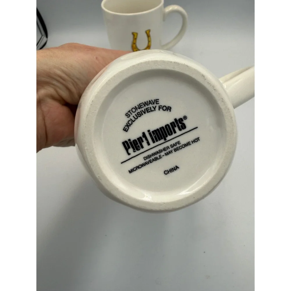 Pier 1 Imports Horseshoe Luck Coffee Mugs Set of 2 White Stoneware Cups